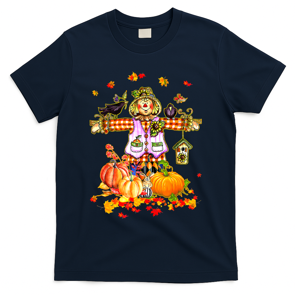 Scarecrow Autumn Hello Fall Pumpkin Thanksgiving Halloween T-Shirt - Navy