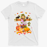 Scarecrow Autumn Hello Fall Pumpkin Thanksgiving Halloween T-Shirt - White