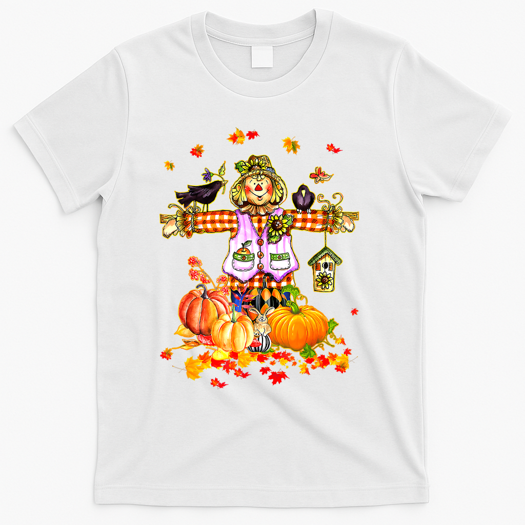Scarecrow Autumn Hello Fall Pumpkin Thanksgiving Halloween T-Shirt - White