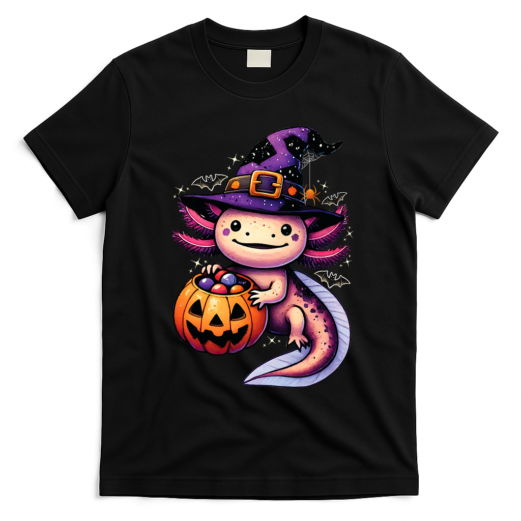 Sea Animal Lovers Axolotl Witch Hat Celebrating Halloween T-Shirt - Black