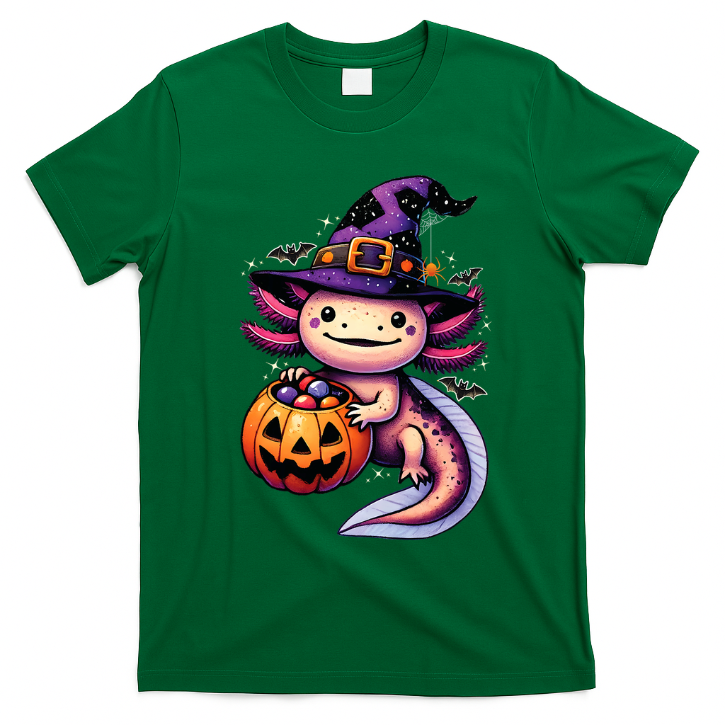 Sea Animal Lovers Axolotl Witch Hat Celebrating Halloween T-Shirt - Irish Green