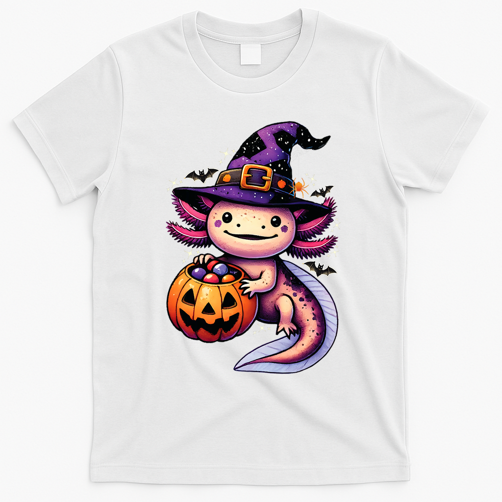 Sea Animal Lovers Axolotl Witch Hat Celebrating Halloween T-Shirt - White