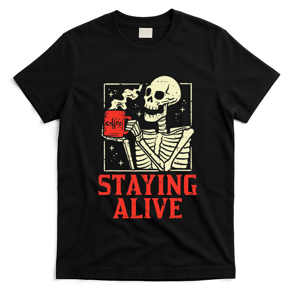 Staying Alive Skeleton Coffe Funny Retro Vintage Halloween T-Shirt - Black