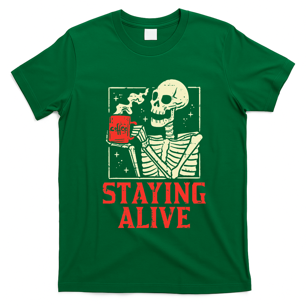 Staying Alive Skeleton Coffe Funny Retro Vintage Halloween T-Shirt - Irish Green