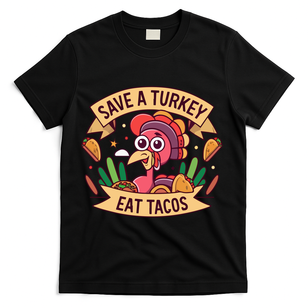 Save A Turkey Eat Tacos Funny Autumn Thanksgiving Groovy T-Shirt - Black