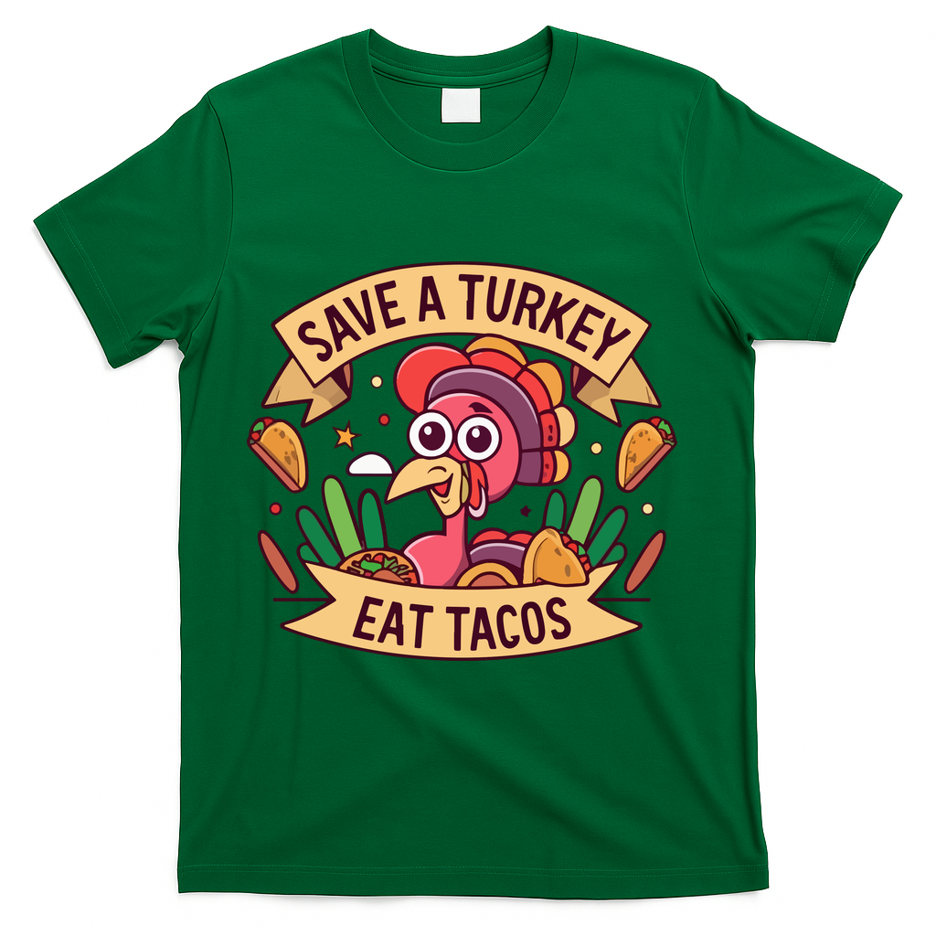Save A Turkey Eat Tacos Funny Autumn Thanksgiving Groovy T-Shirt - Green