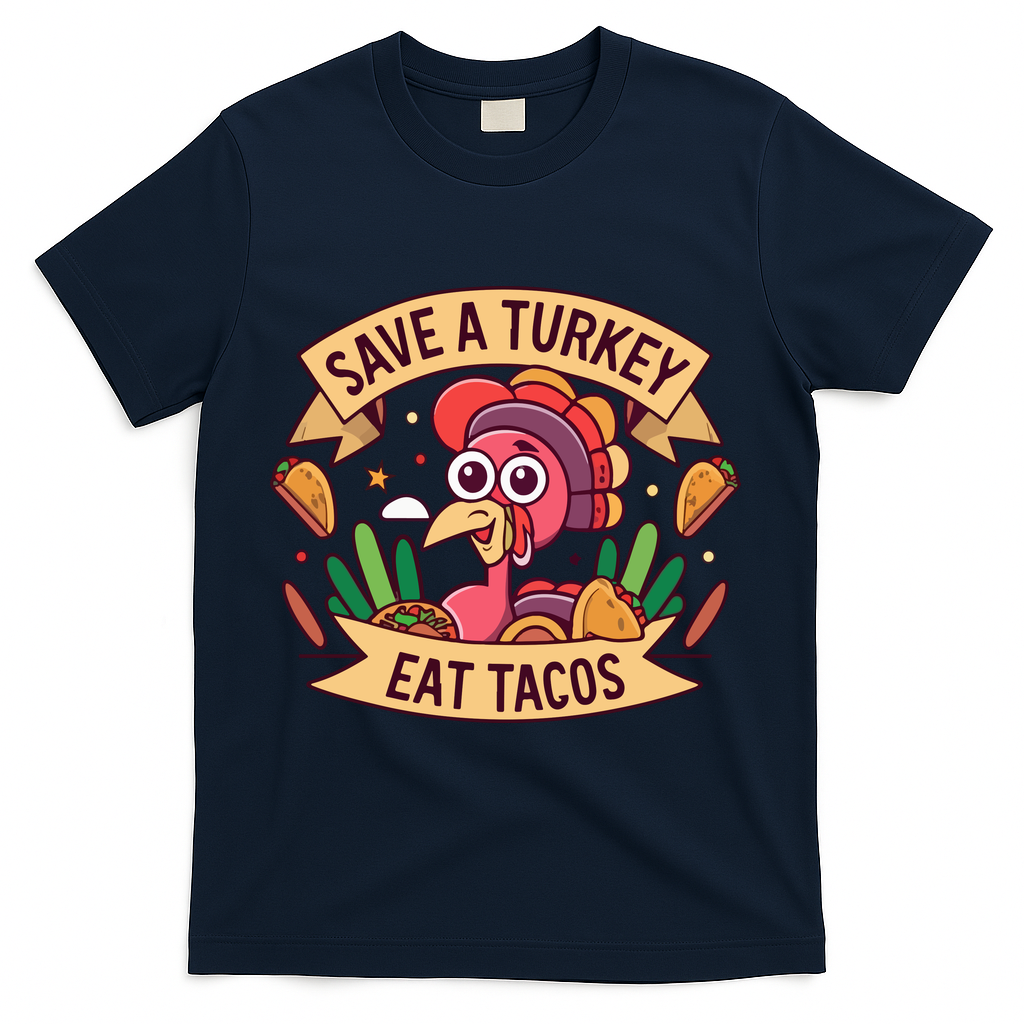 Save A Turkey Eat Tacos Funny Autumn Thanksgiving Groovy T-Shirt - Navy