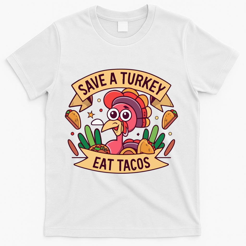 Save A Turkey Eat Tacos Funny Autumn Thanksgiving Groovy T-Shirt - White