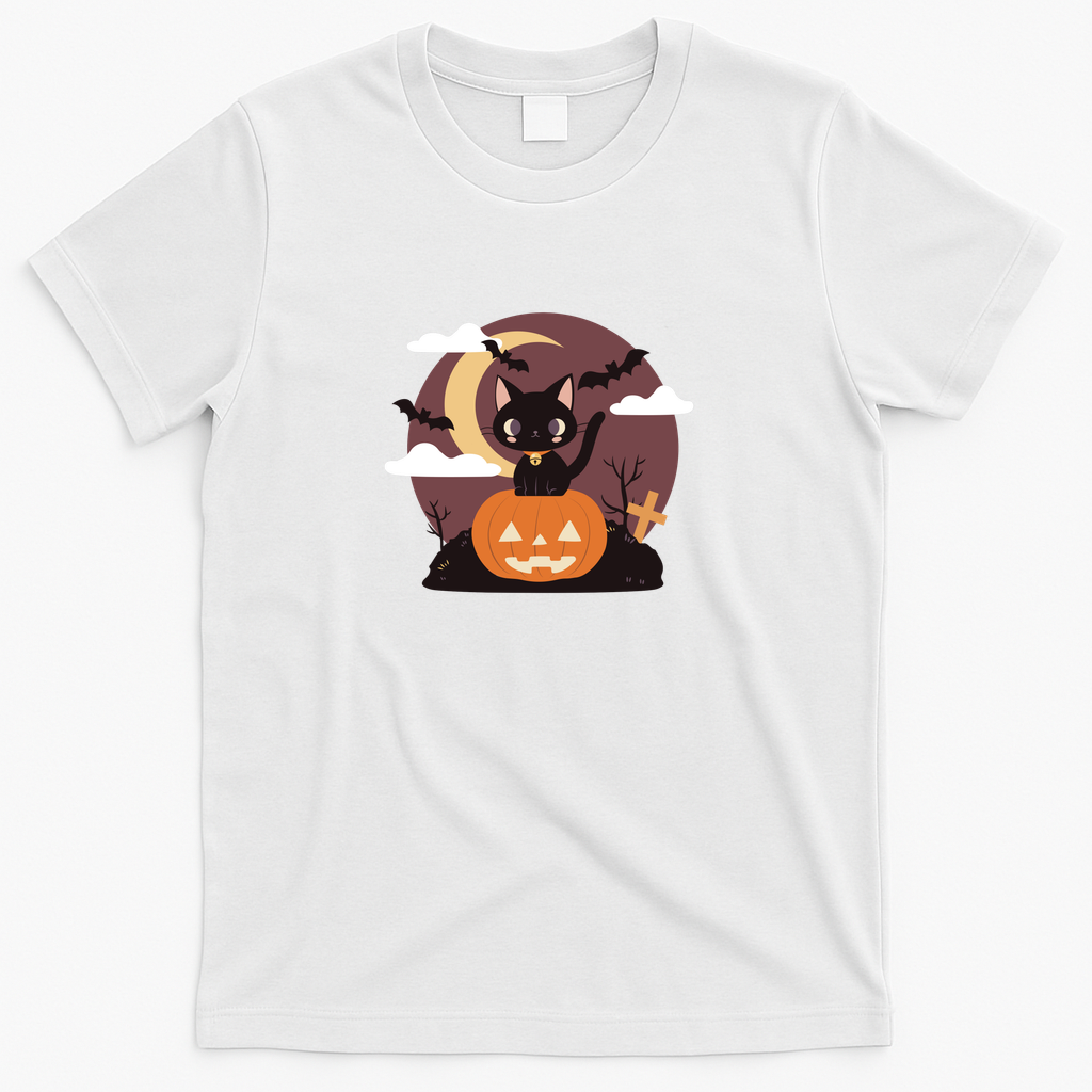 Spooky Black Cat on a Pumpkin - White