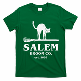 Salem Broom Co Company Halloween Black Cat Witch And Broom T-Shirt - Irish Green