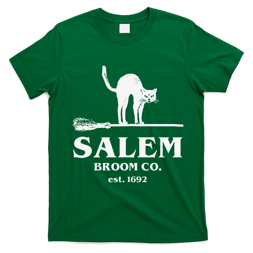 Salem Broom Co Company Halloween Black Cat Witch And Broom T-Shirt - Irish Green