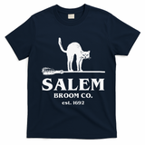 Salem Broom Co Company Halloween Black Cat Witch And Broom T-Shirt - Navy Blue