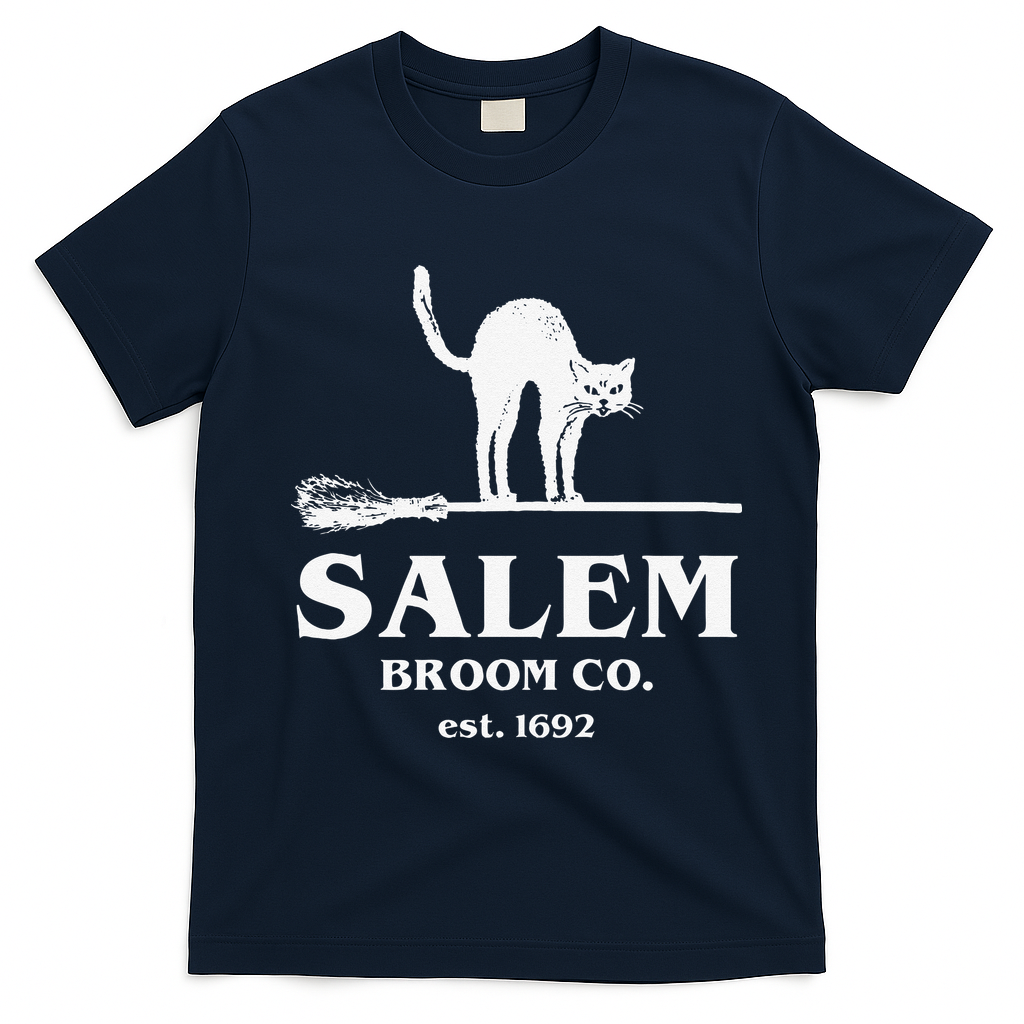 Salem Broom Co Company Halloween Black Cat Witch And Broom T-Shirt - Navy Blue