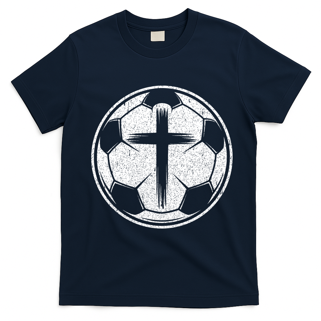 Soccer Ball Christian Cross T-Shirt - Navy Blue