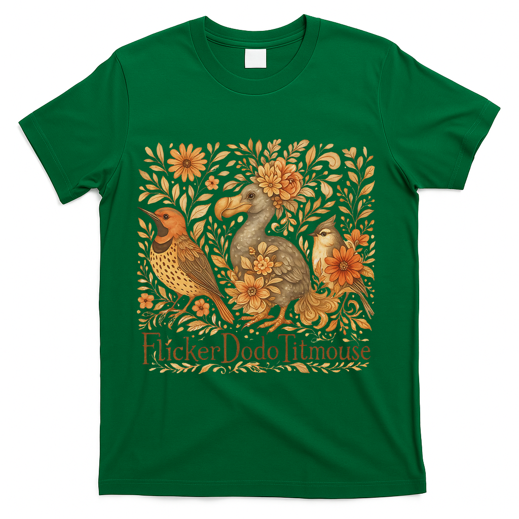 Subtle Birds Flicker Dodo Titmouse Trump Resist Boho Style T-Shirt - Green