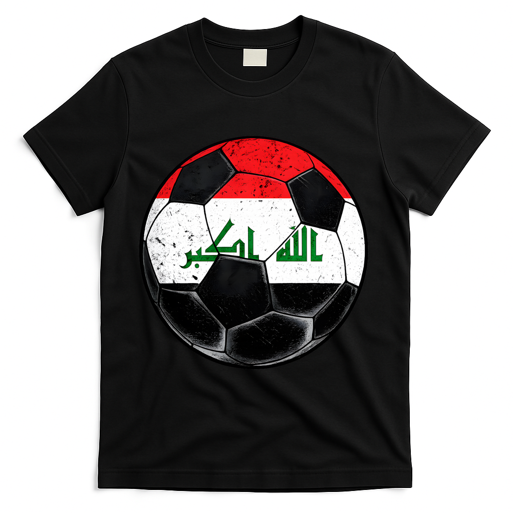 Soccer Ball Iraq Flag Iraqi T-Shirt - Black