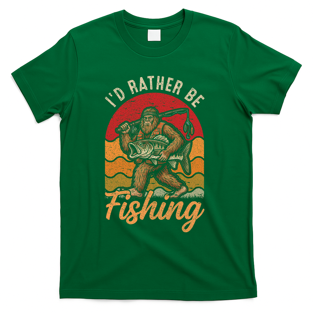 Sasquatch Bigfoot I'd Rather Be Fishing T-Shirt - Green