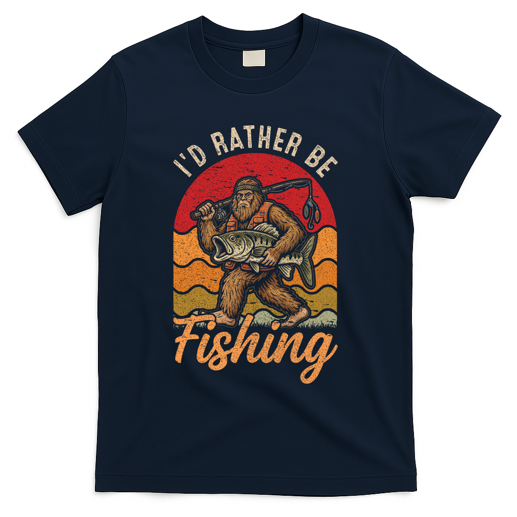 Sasquatch Bigfoot I'd Rather Be Fishing T-Shirt - Navy