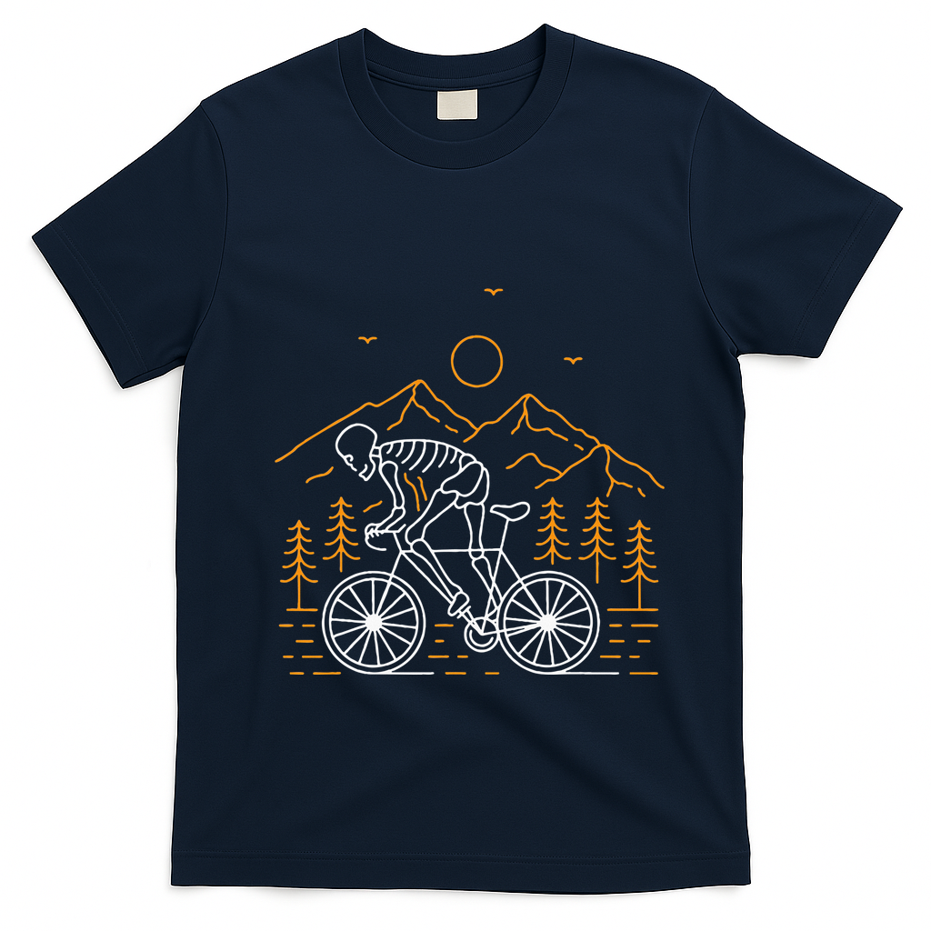 Skeleton Biking Lazy Halloween Costume Cool Line Art Bicycle T-Shirt - Navy Blue