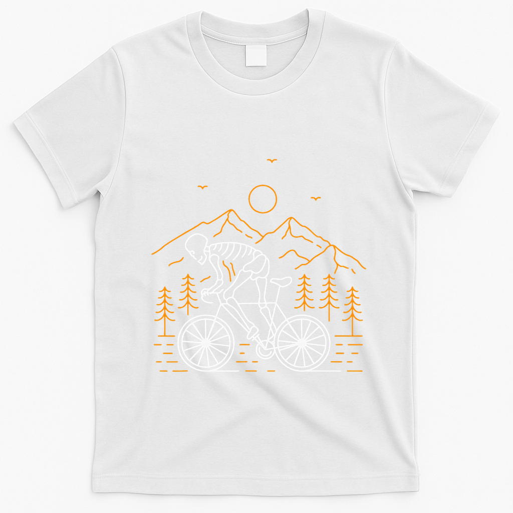 Skeleton Biking Lazy Halloween Costume Cool Line Art Bicycle T-Shirt - White
