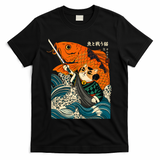 Samurai Cat And Koi Fish Anime T-Shirt - Black