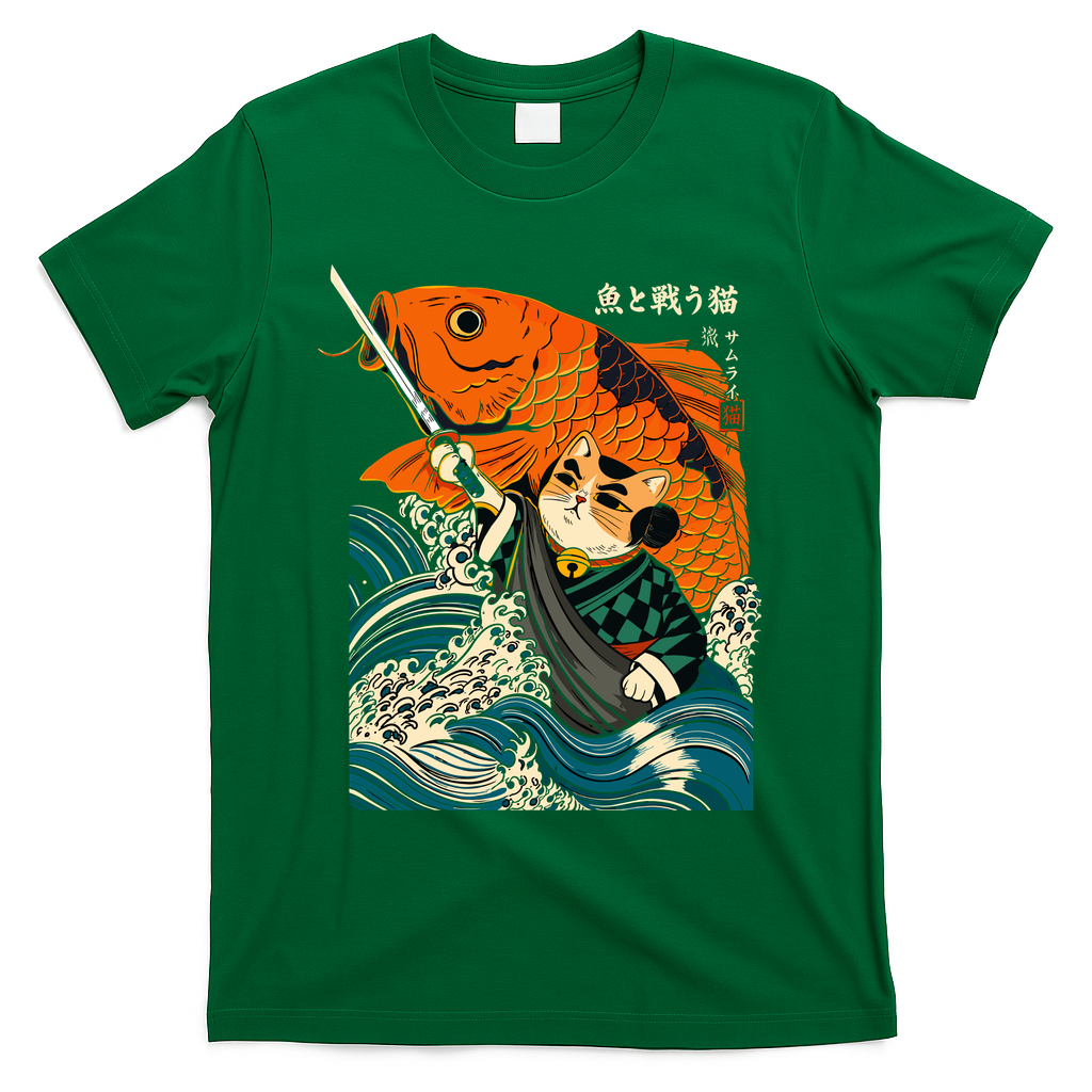 Samurai Cat And Koi Fish Anime T-Shirt - Green