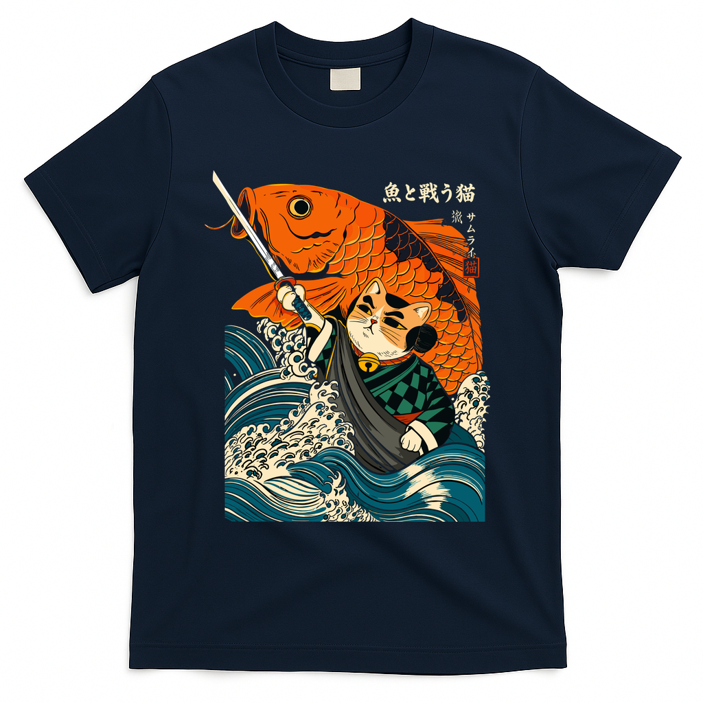 Samurai Cat And Koi Fish Anime T-Shirt - Navy