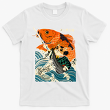 Samurai Cat And Koi Fish Anime T-Shirt - White