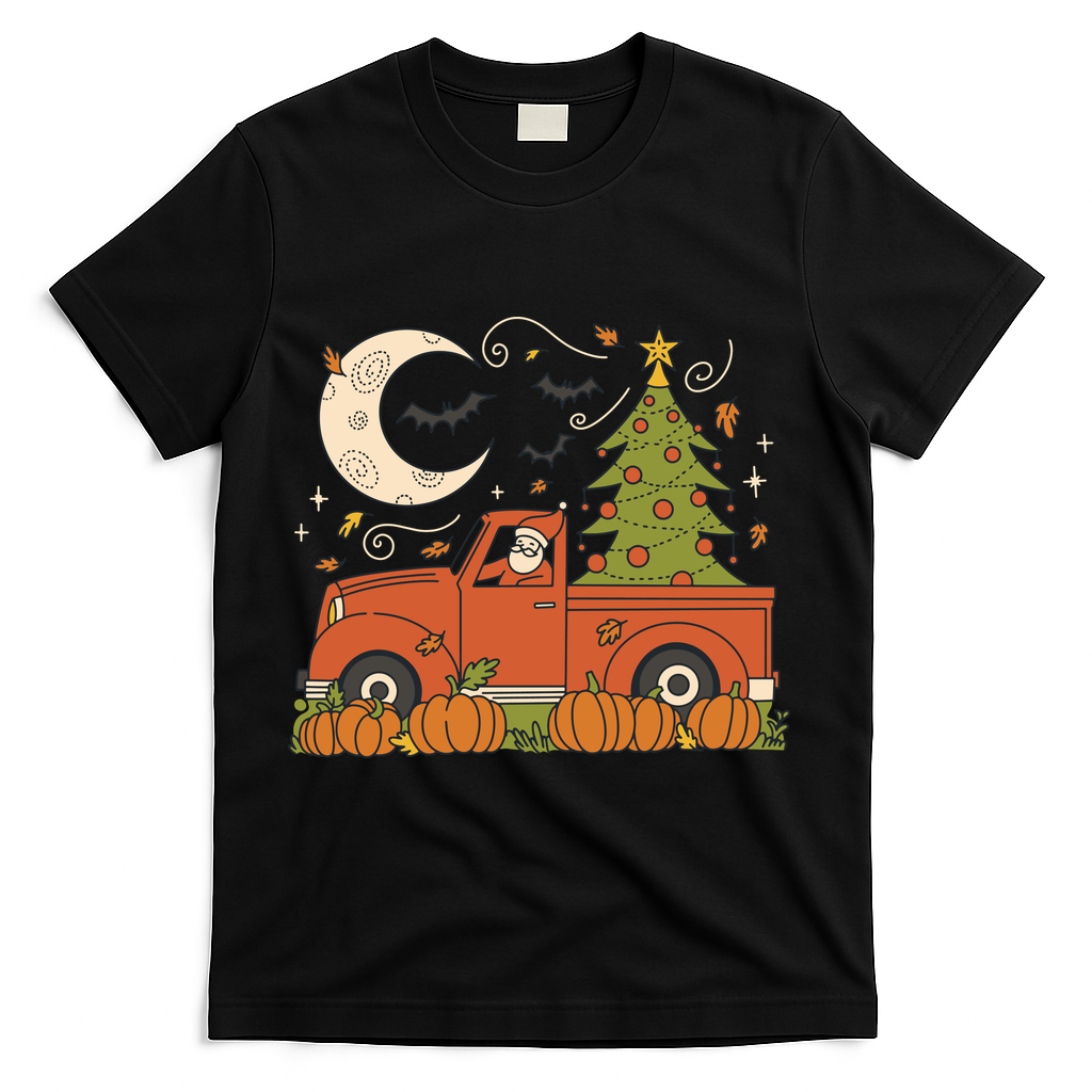 Santa Claus Christmas Holiday Truck T-Shirt - Black
