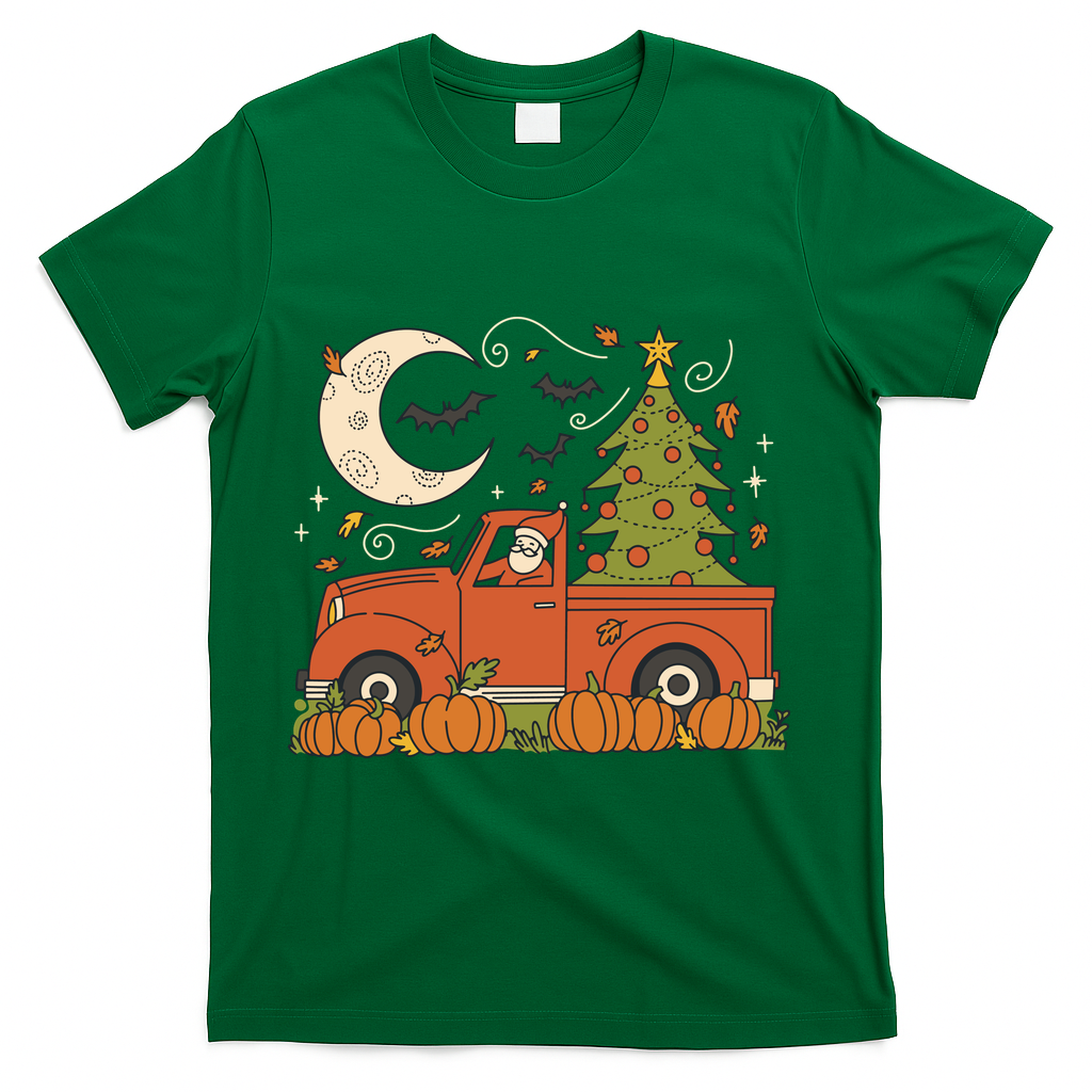 Santa Claus Christmas Holiday Truck T-Shirt - Green