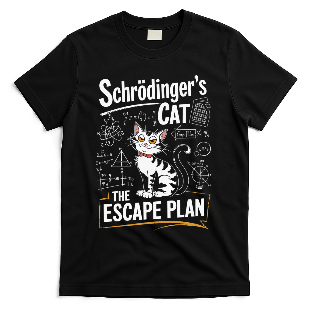 Schrodinger's Cat Escape Plan Funny School T-Shirt - Black