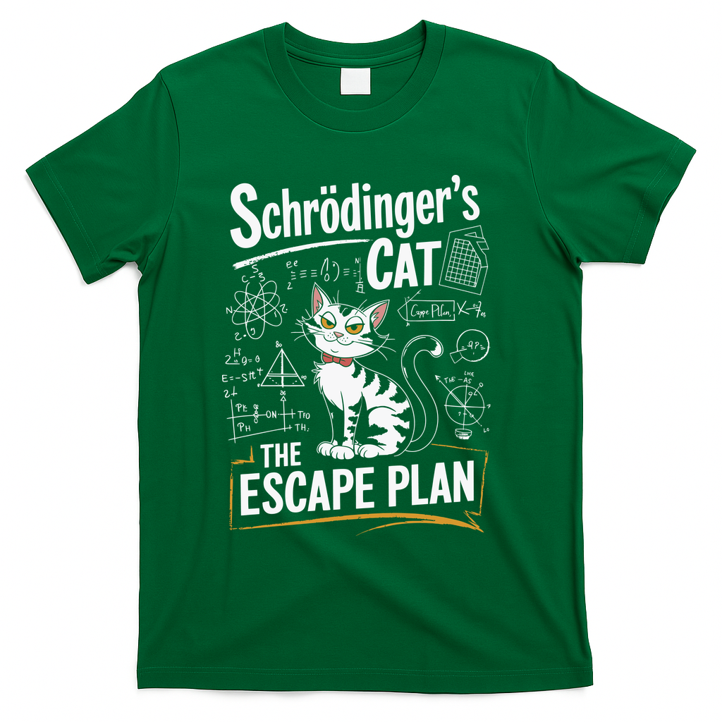Schrodinger's Cat Escape Plan Funny School T-Shirt - Green