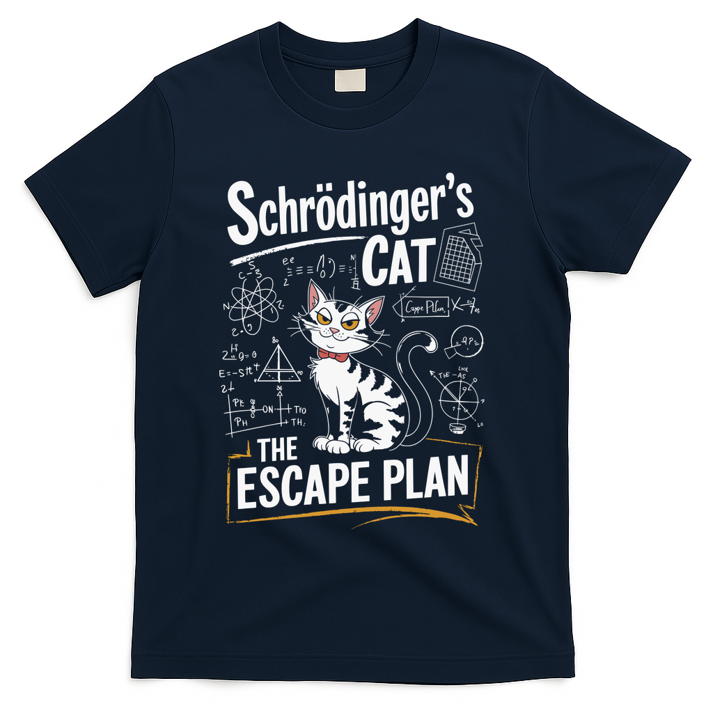 Schrodinger's Cat Escape Plan Funny School T-Shirt - Navy