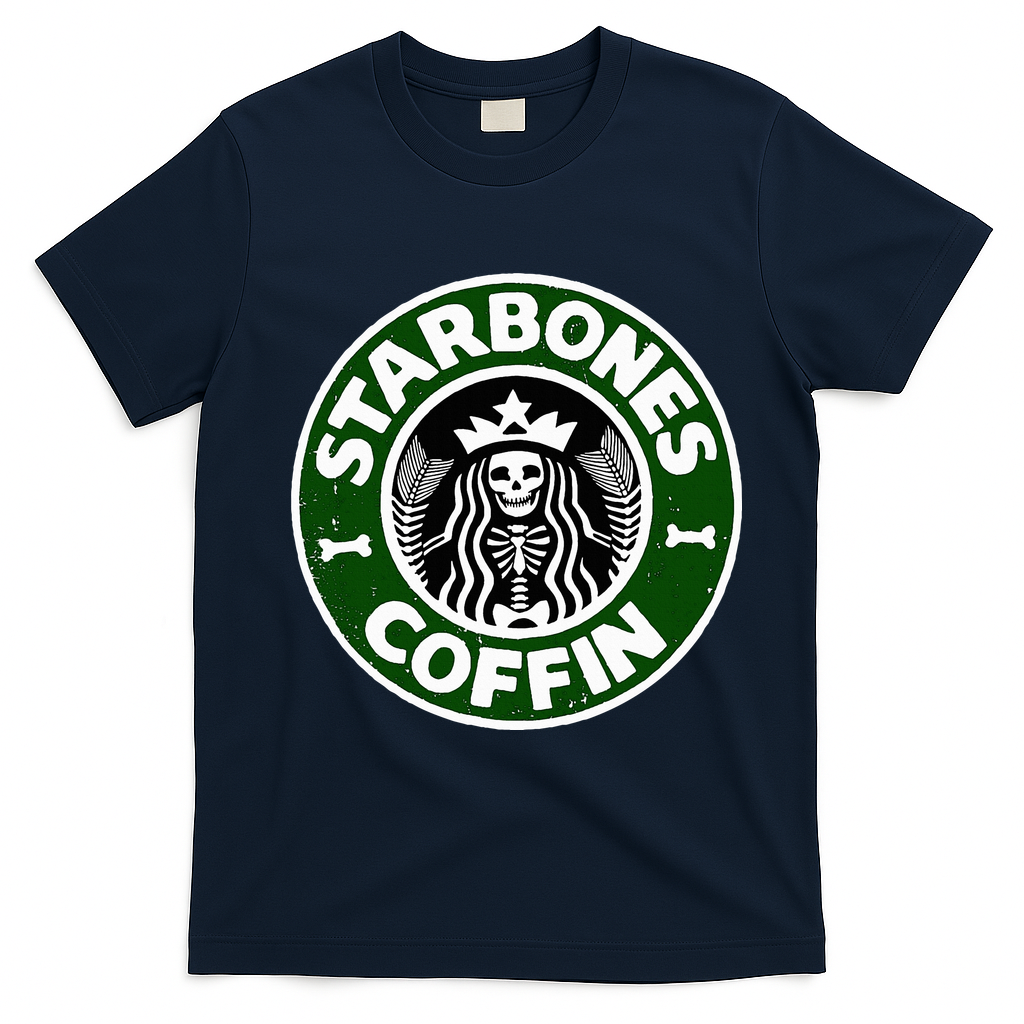 Starbones Coffin Funny Horror Coffee T-Shirt - Navy Blue