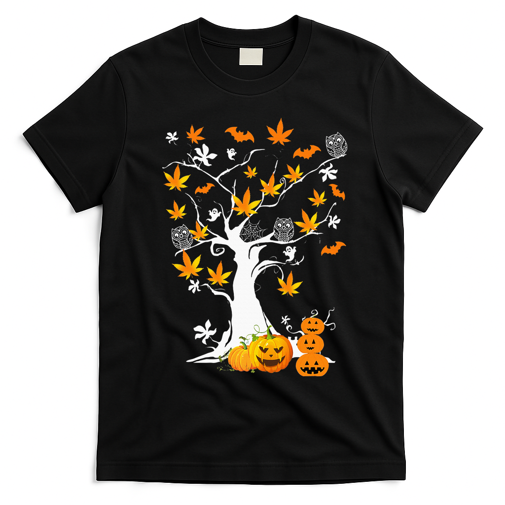 Spooky Cannabis Halloween Costume with Weed Leaf Tree Ghost Pumpkin T-Shirt - Black