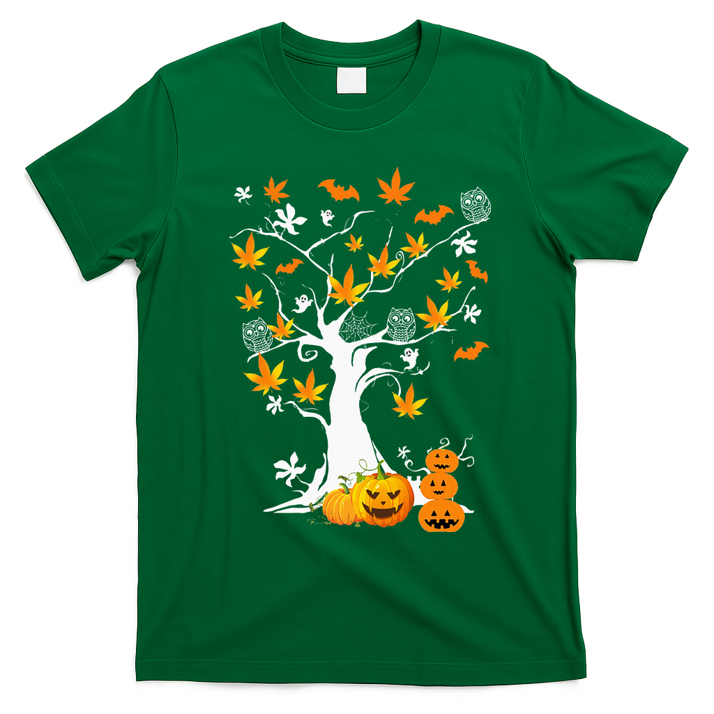 Spooky Cannabis Halloween Costume with Weed Leaf Tree Ghost Pumpkin T-Shirt - Irish Green