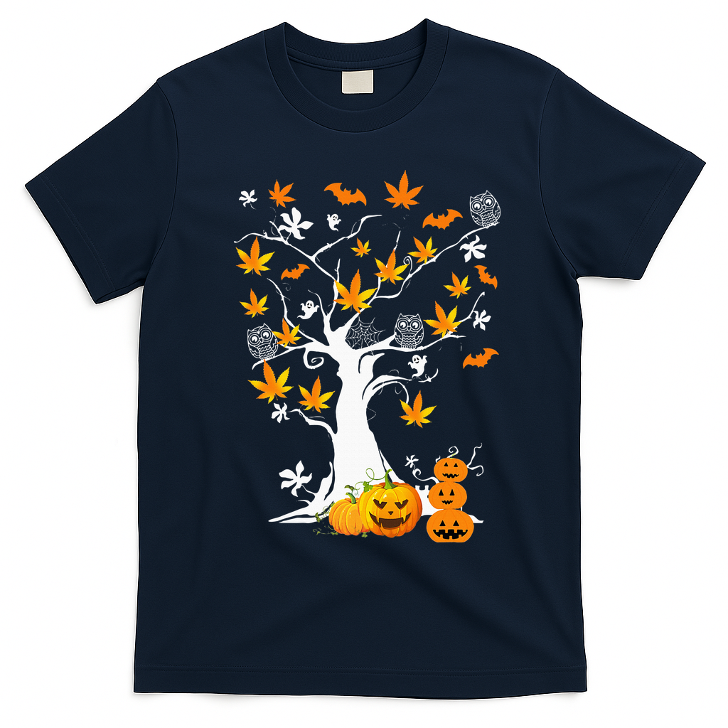 Spooky Cannabis Halloween Costume with Weed Leaf Tree Ghost Pumpkin T-Shirt - Navy Blue
