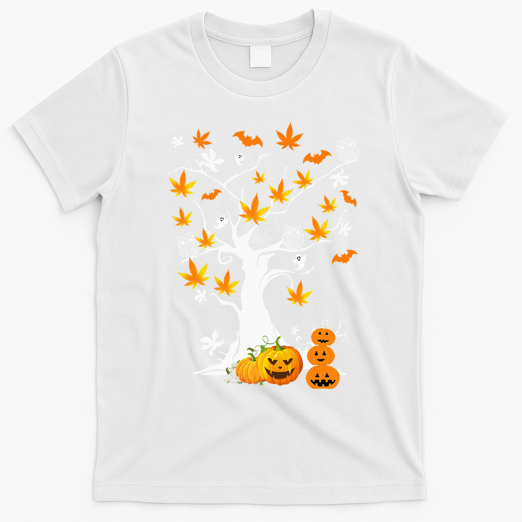 Spooky Cannabis Halloween Costume with Weed Leaf Tree Ghost Pumpkin T-Shirt - White