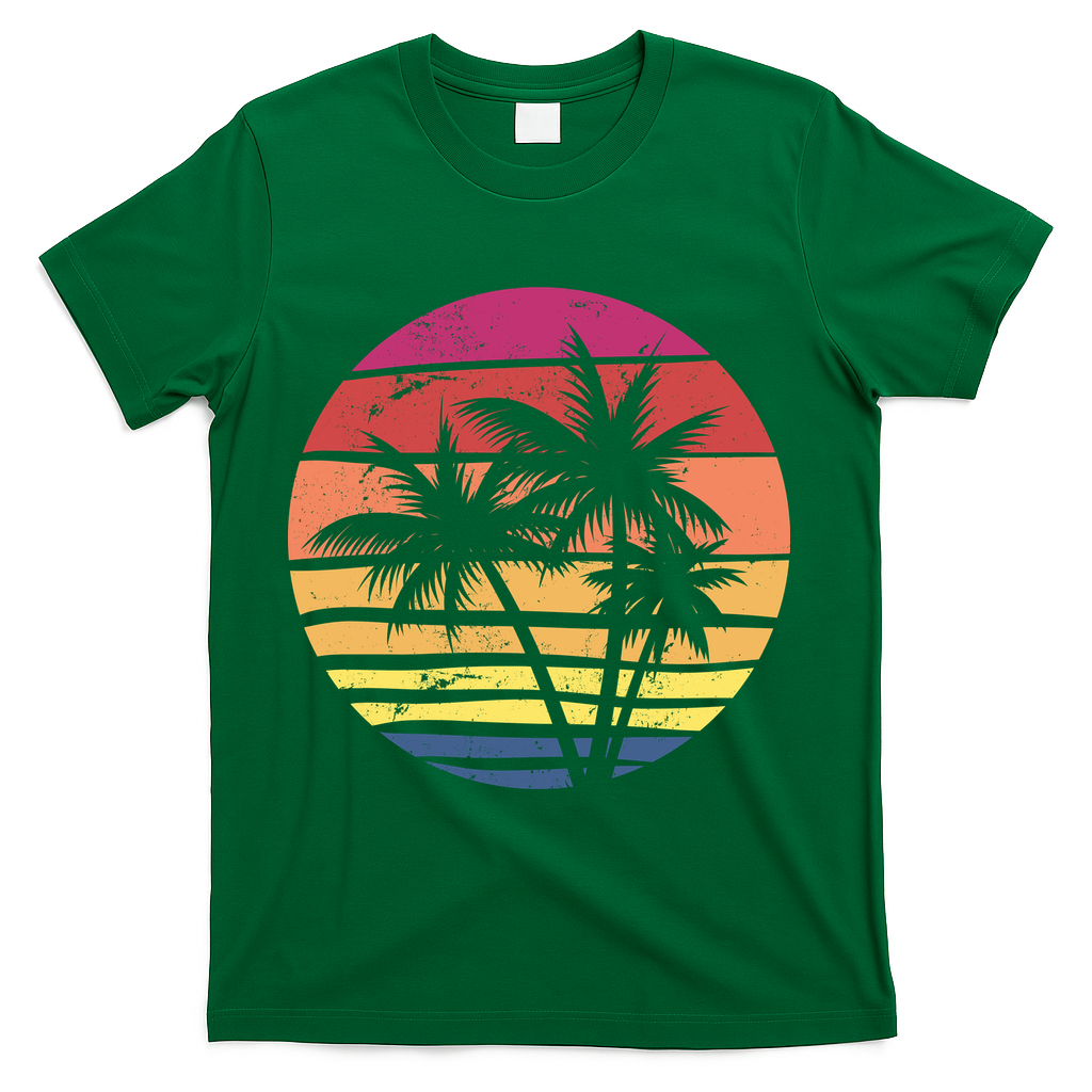 Summer Colorful Palm Tree Retro Sunset T-Shirt - Green