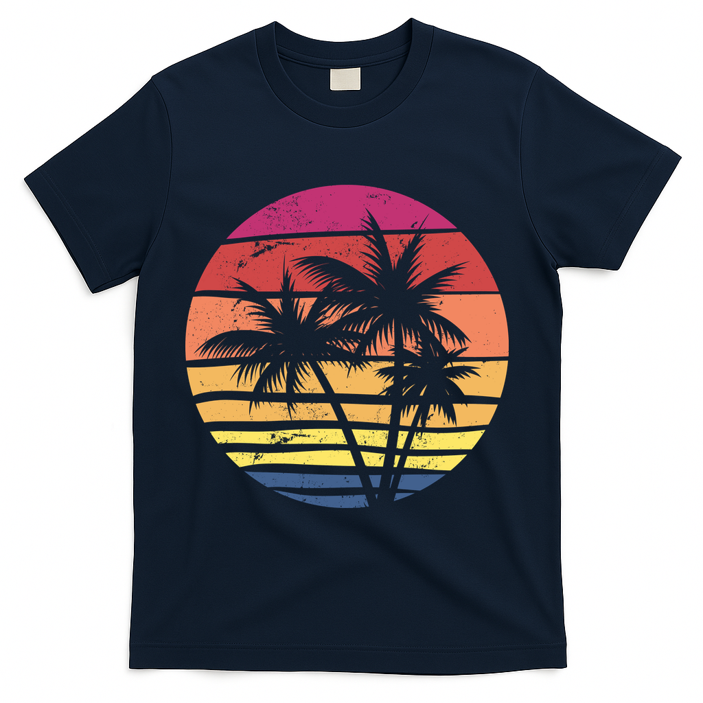 Summer Colorful Palm Tree Retro Sunset T-Shirt - Navy