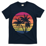 Summer Colorful Palm Tree Retro Sunset T-Shirt - Navy