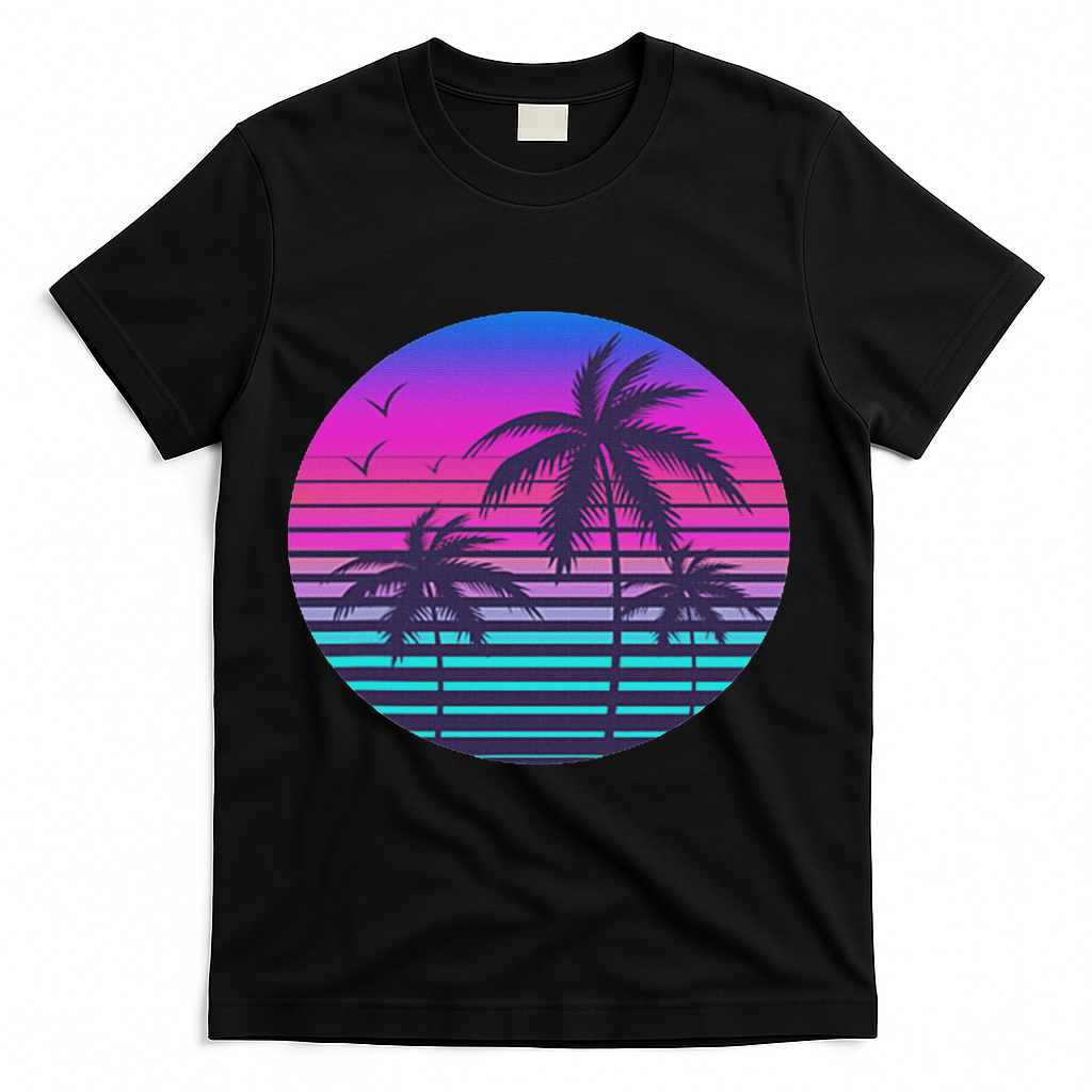 Sunset Cool Summer Vacation Women Beach Palm Tree T-Shirt - Black