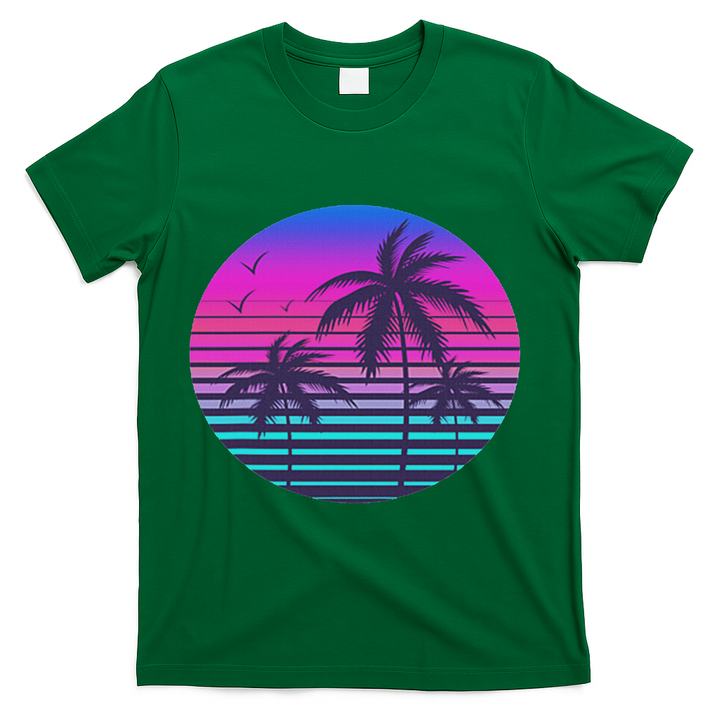 Sunset Cool Summer Vacation Women Beach Palm Tree T-Shirt - Green