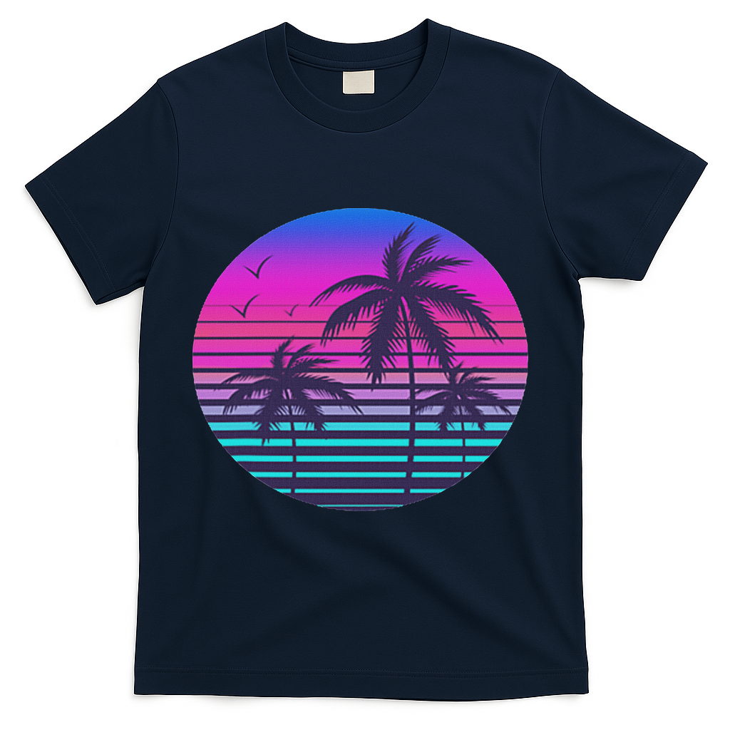 Sunset Cool Summer Vacation Women Beach Palm Tree T-Shirt - Navy