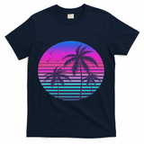 Sunset Cool Summer Vacation Women Beach Palm Tree T-Shirt - Navy