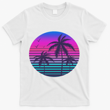 Sunset Cool Summer Vacation Women Beach Palm Tree T-Shirt - White