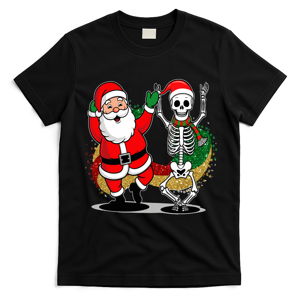 Santa Claus & Skeleton Christmas T-Shirt - Black