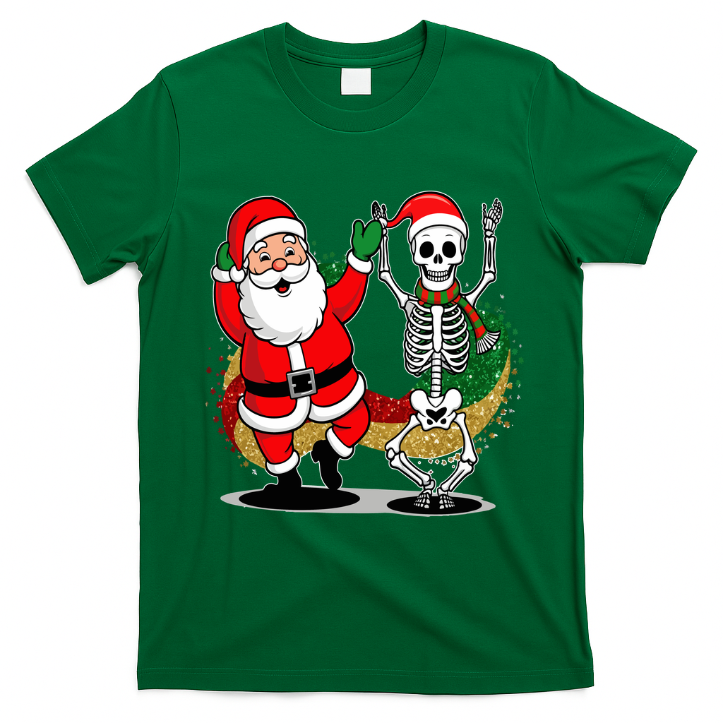Santa Claus & Skeleton Christmas T-Shirt - Irish Green