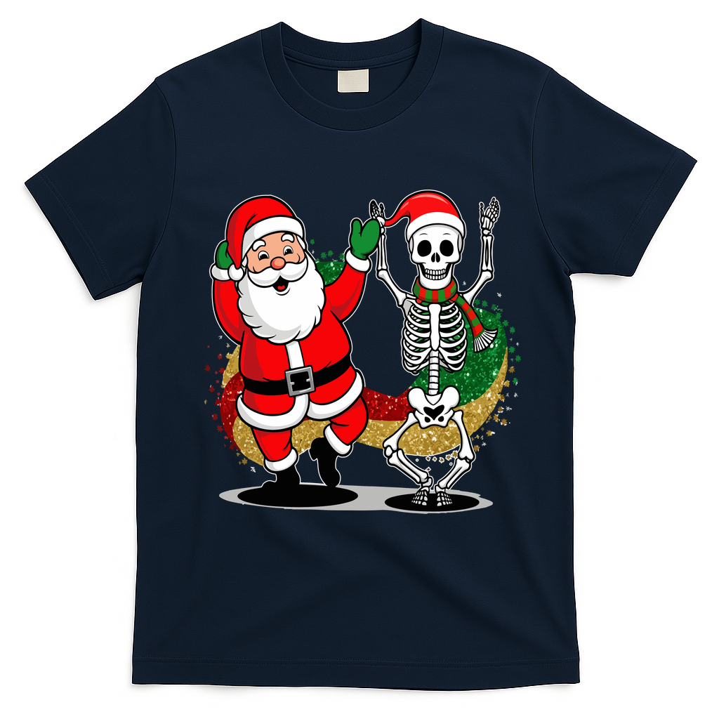 Santa Claus & Skeleton Christmas T-Shirt - Navy Blue