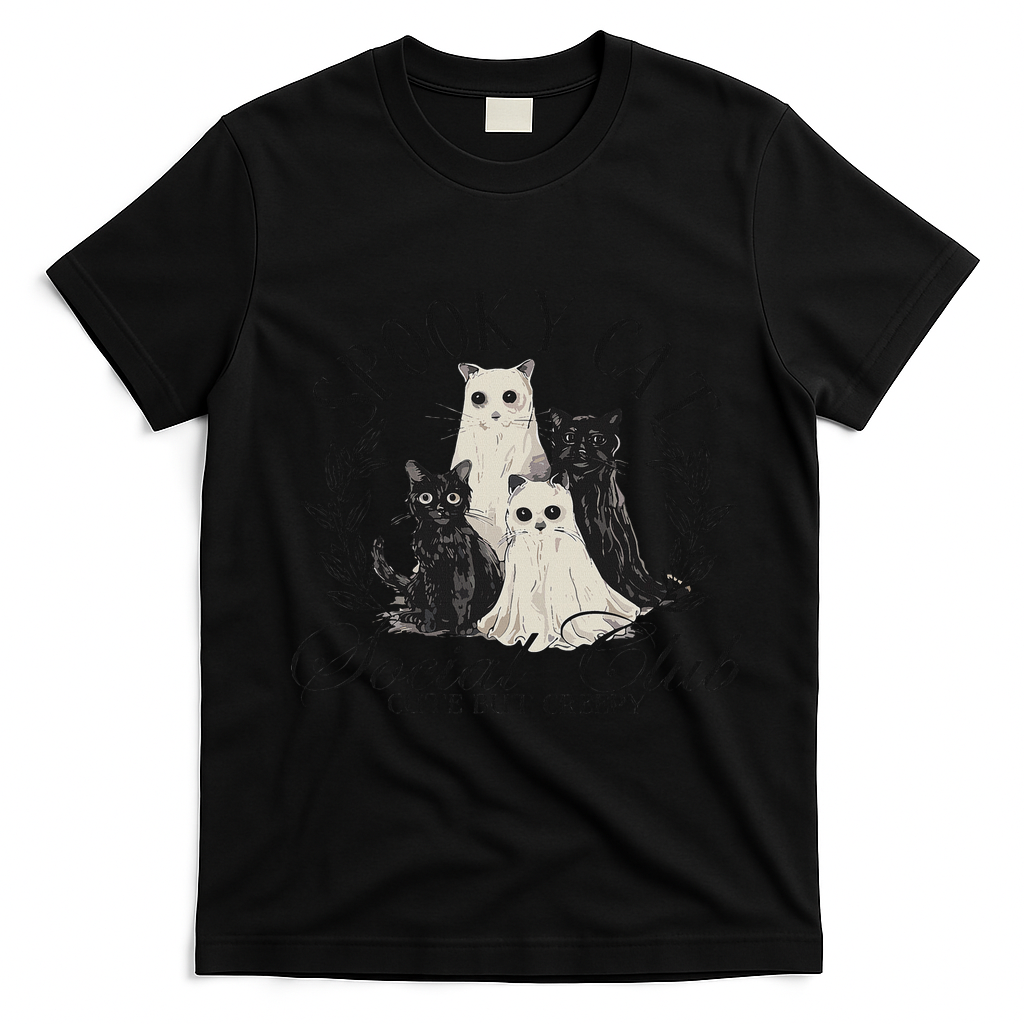 Spooky Cat Social Club Ghost Cat Halloween Gothic Black Cat T-Shirt - Black